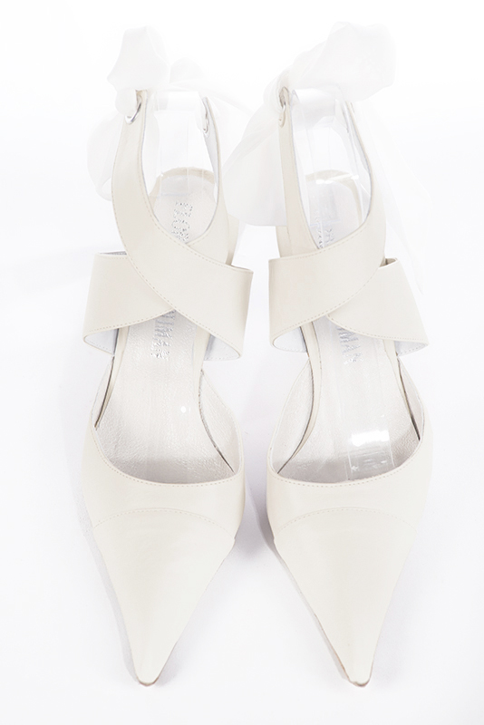 Off white women's open back shoes, with crossed straps. Pointed toe. High spool heels. Top view - Florence KOOIJMAN